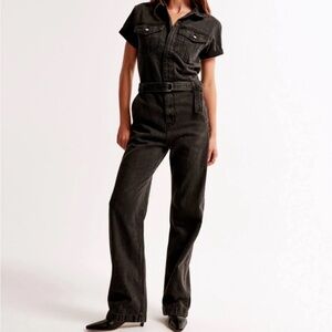 Abercrombie & Fitch Faded Black Belted Denim Coveralls Jumpsuit Large NWT